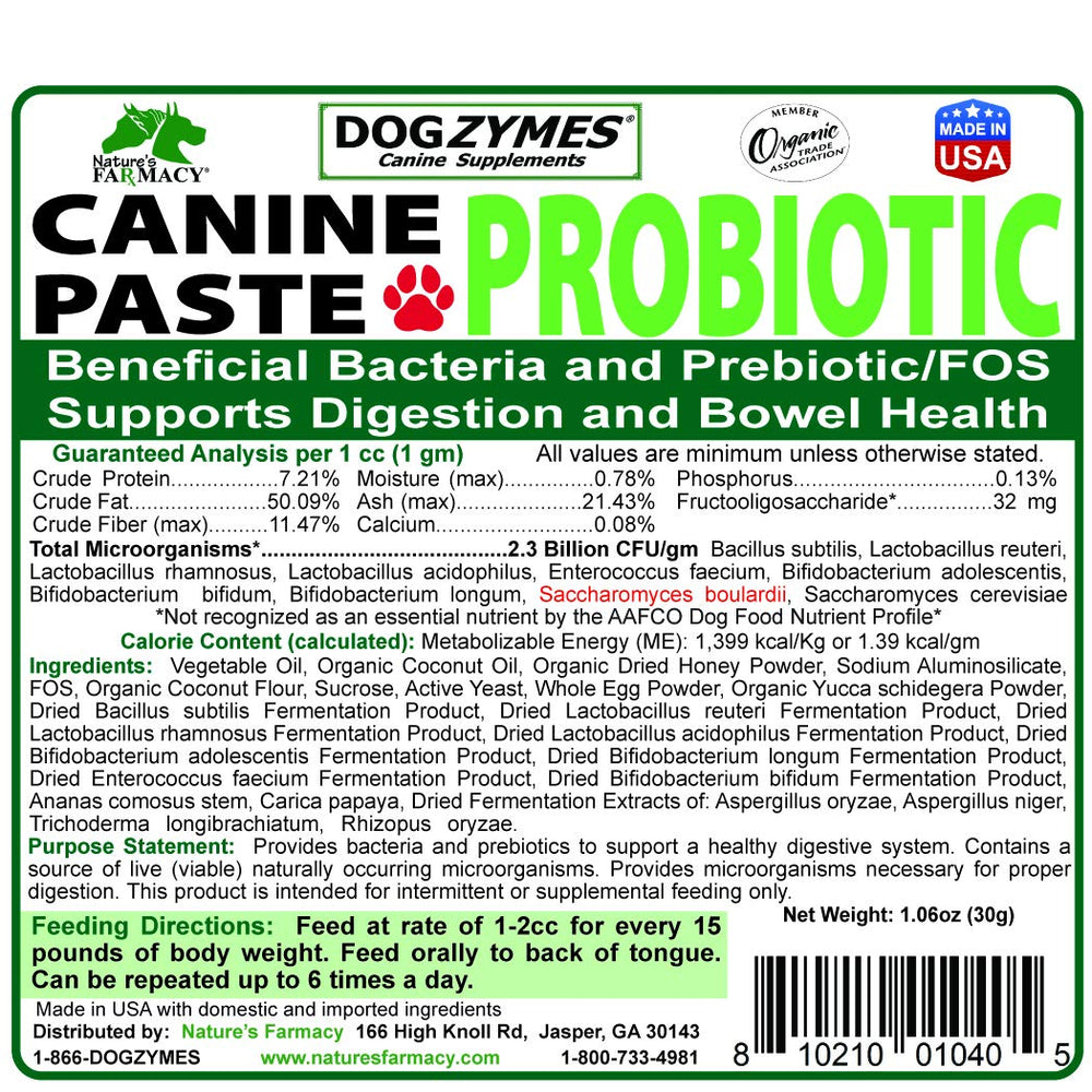 Dogzymes canine probiotic paste label highlights organic ingredients for pet health.