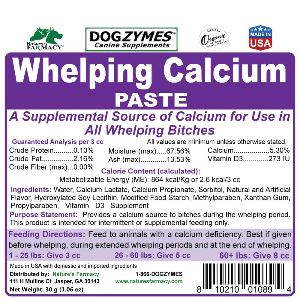 Dogzymes Canine Whelping Calcium Paste packaging box emphasizes convenient storage.
