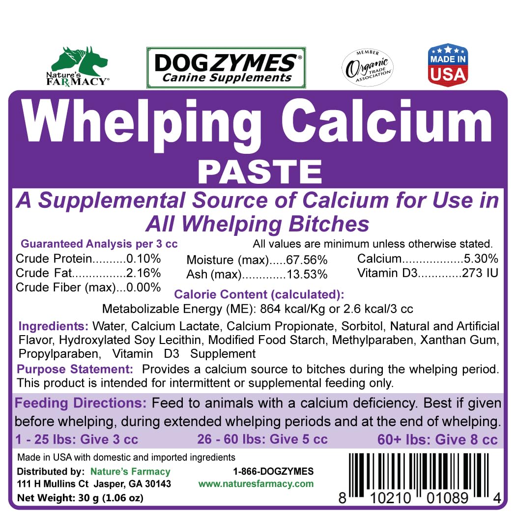 Dogzymes Canine Whelping Calcium Paste packaging with clear dosage information