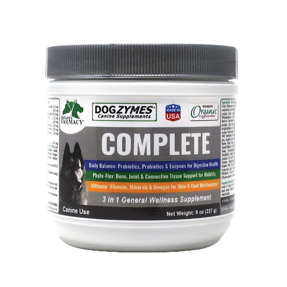 Dogzymes Complete bottle label highlights joint support, digestion aid, and coat care for dogs.