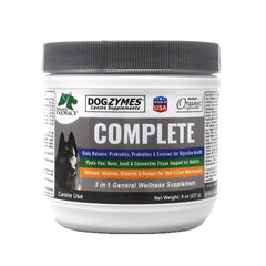Dogzymes Complete bottle label highlights joint support, digestion aid, and coat care for dogs.