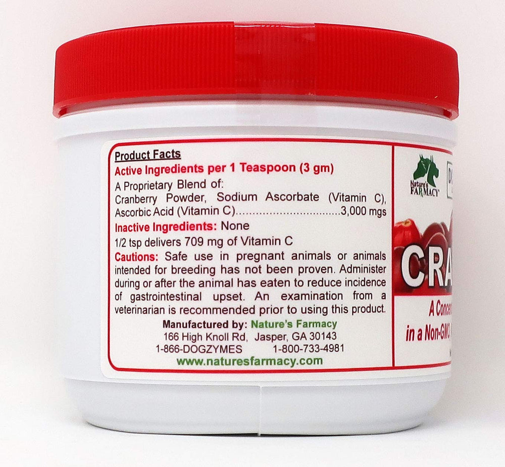 Dogzymes Cran Tri C powder-teaspoon-measure aids convenient mixing into meals.