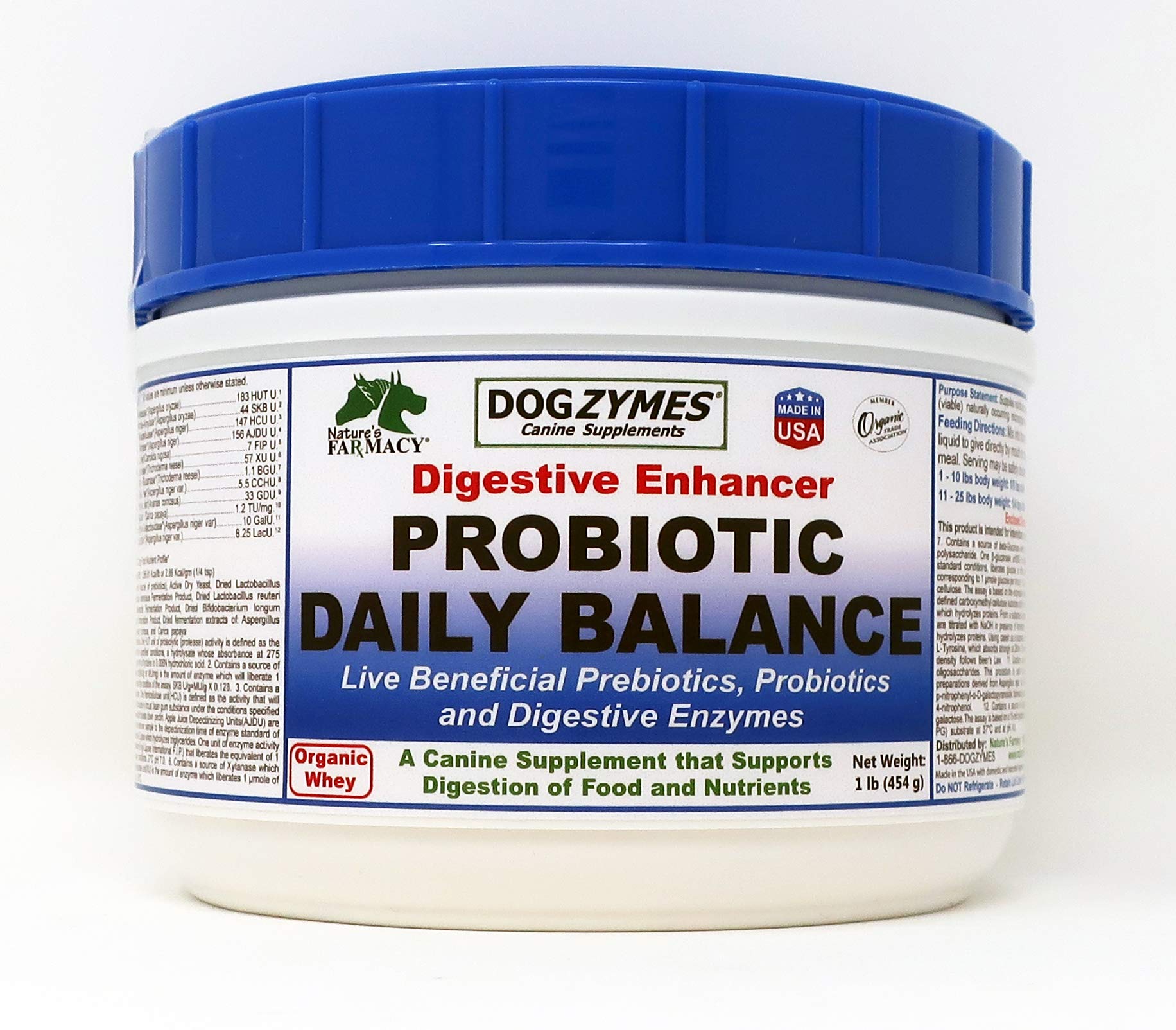 Dogzymes dissolvable powder digestive enhancer bottle highlights probiotic blend for digestion