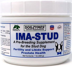 Dogzymes Ima Stud daily supplement bottle supports stud dog vitality and breeding performance.