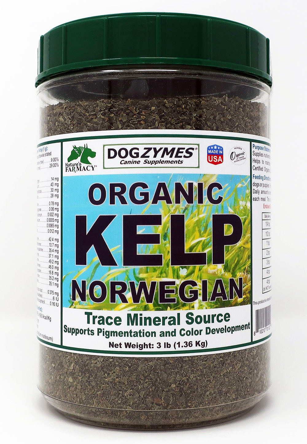 Dogzymes Organic Norwegian Kelp for Pets bottle shows natural mineral supplement for thyroid-supporting nutrition.