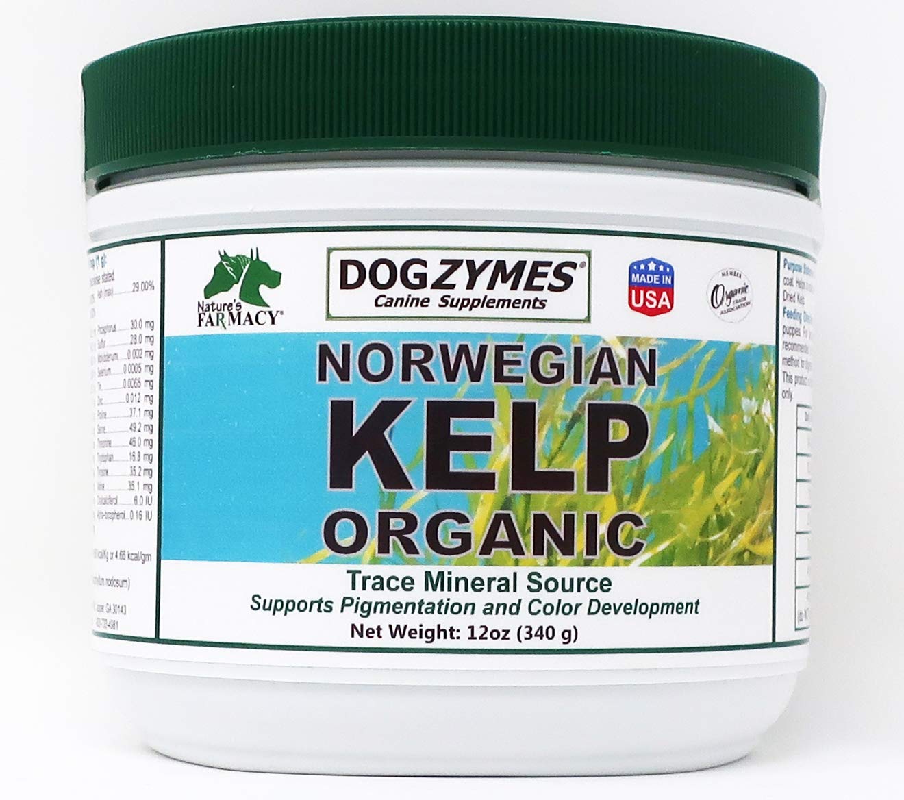 Dogzymes Organic Norwegian Kelp bottle shows iodine-rich supplement for healthy gland support