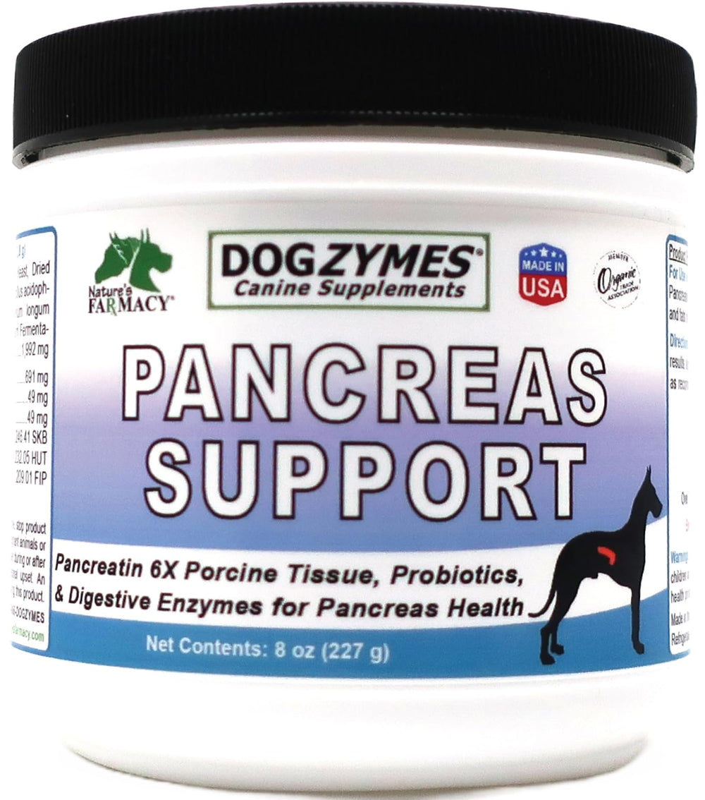 Dogzymes Pancreas Support bottle showing digestive enzyme blend for dogs.