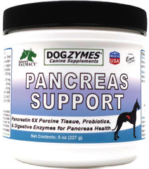 Dogzymes Pancreas Support bottle showing digestive enzyme blend for dogs.