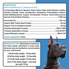 Dogzymes Pancreas Support powder container close-up illustrating probiotics boost for gut health.