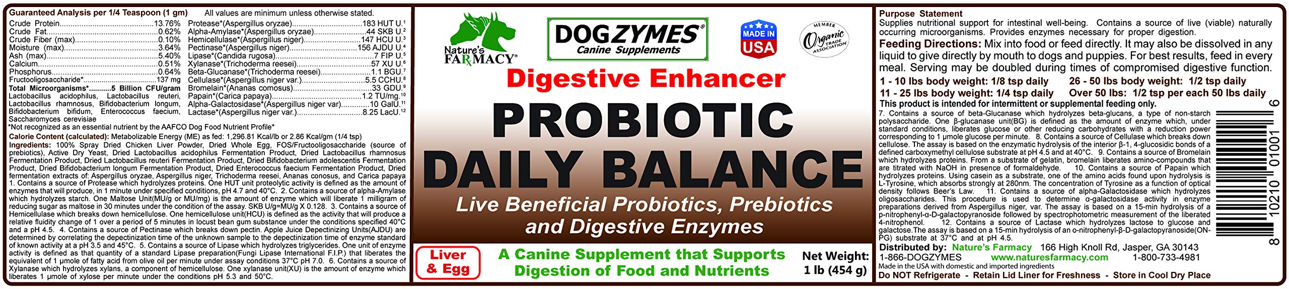 Dogzymes Probiotic Daily Balance jar label highlights enzymes for digestion support