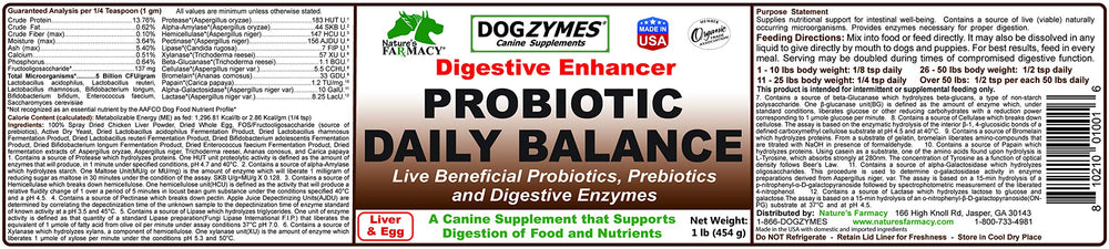 Dogzymes Probiotic Daily Balance jar label highlights enzymes for digestion support