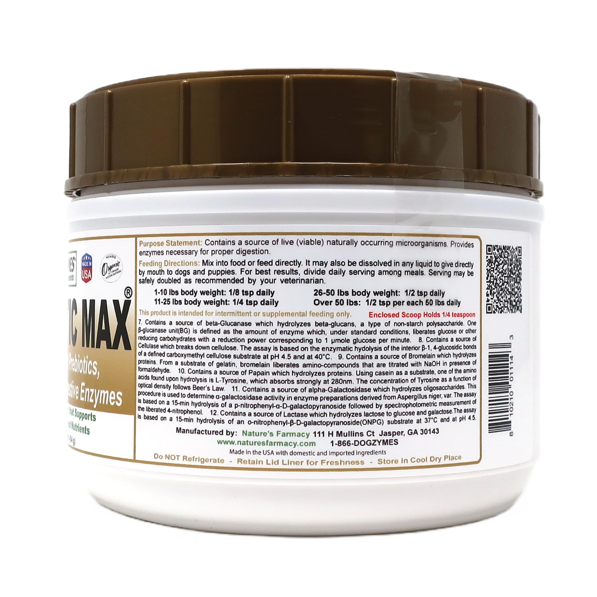 Dogzymes Probiotic Max ingredient panel with eight microorganisms and twelve enzymes.