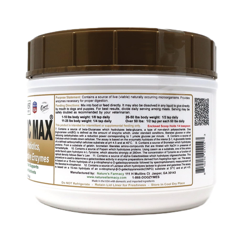 Dogzymes Probiotic Max ingredient panel with eight microorganisms and twelve enzymes.