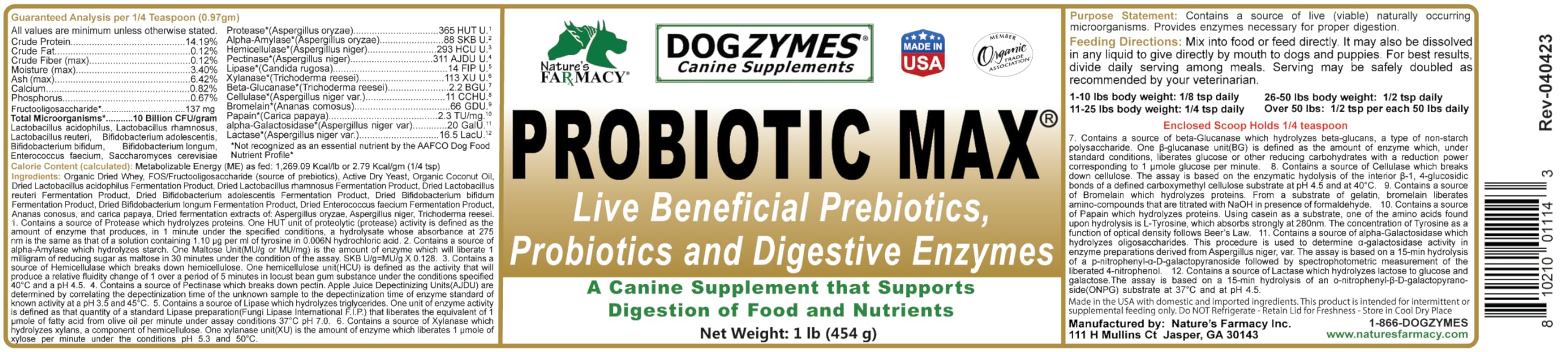 Dogzymes Probiotic Max container notes organic coconut oil to prevent clumping.
