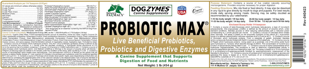 Dogzymes Probiotic Max container notes organic coconut oil to prevent clumping.
