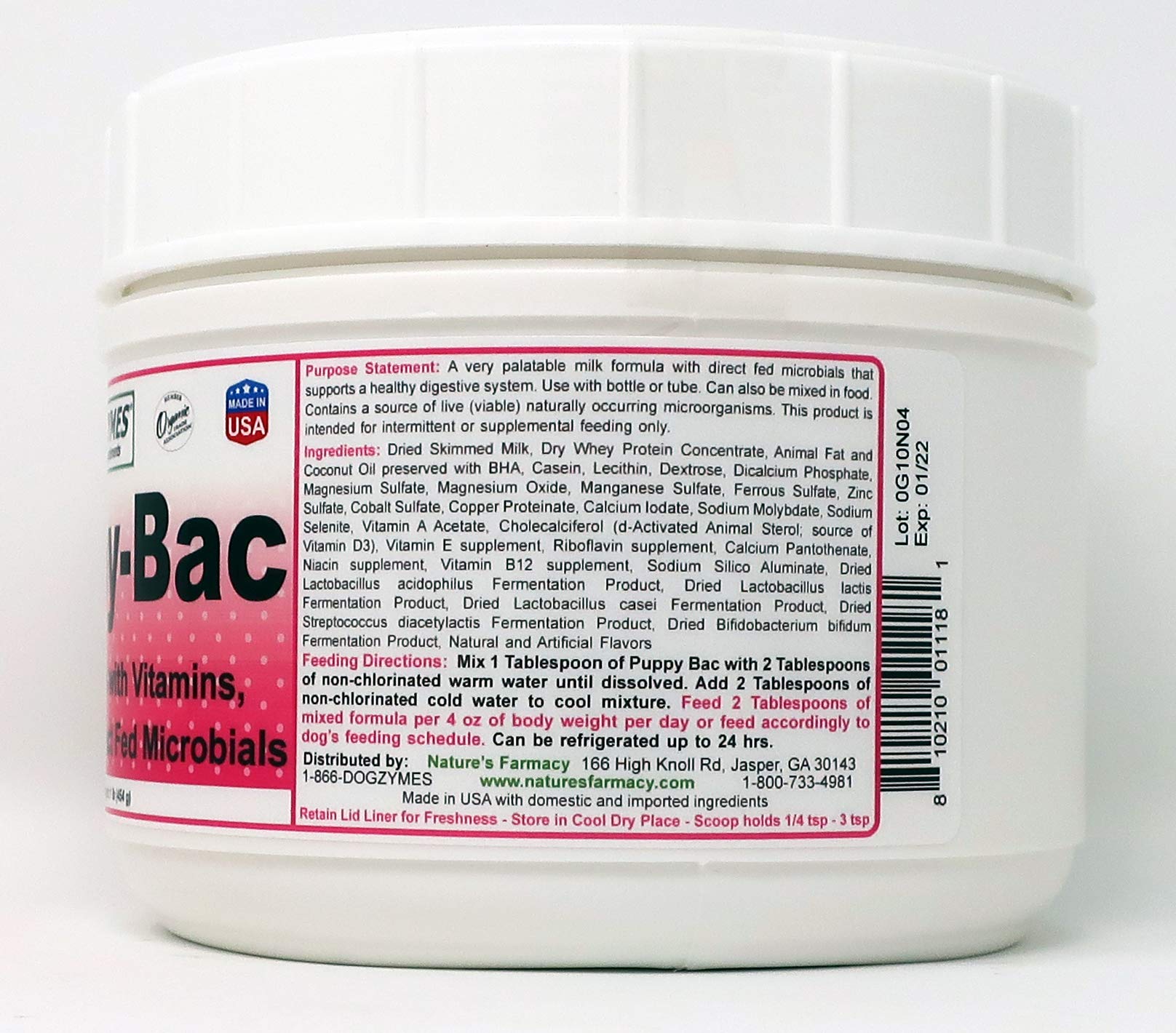 Dogzymes Puppy-Bac milk replacer container closeup emphasizes complete nutrition for litters.