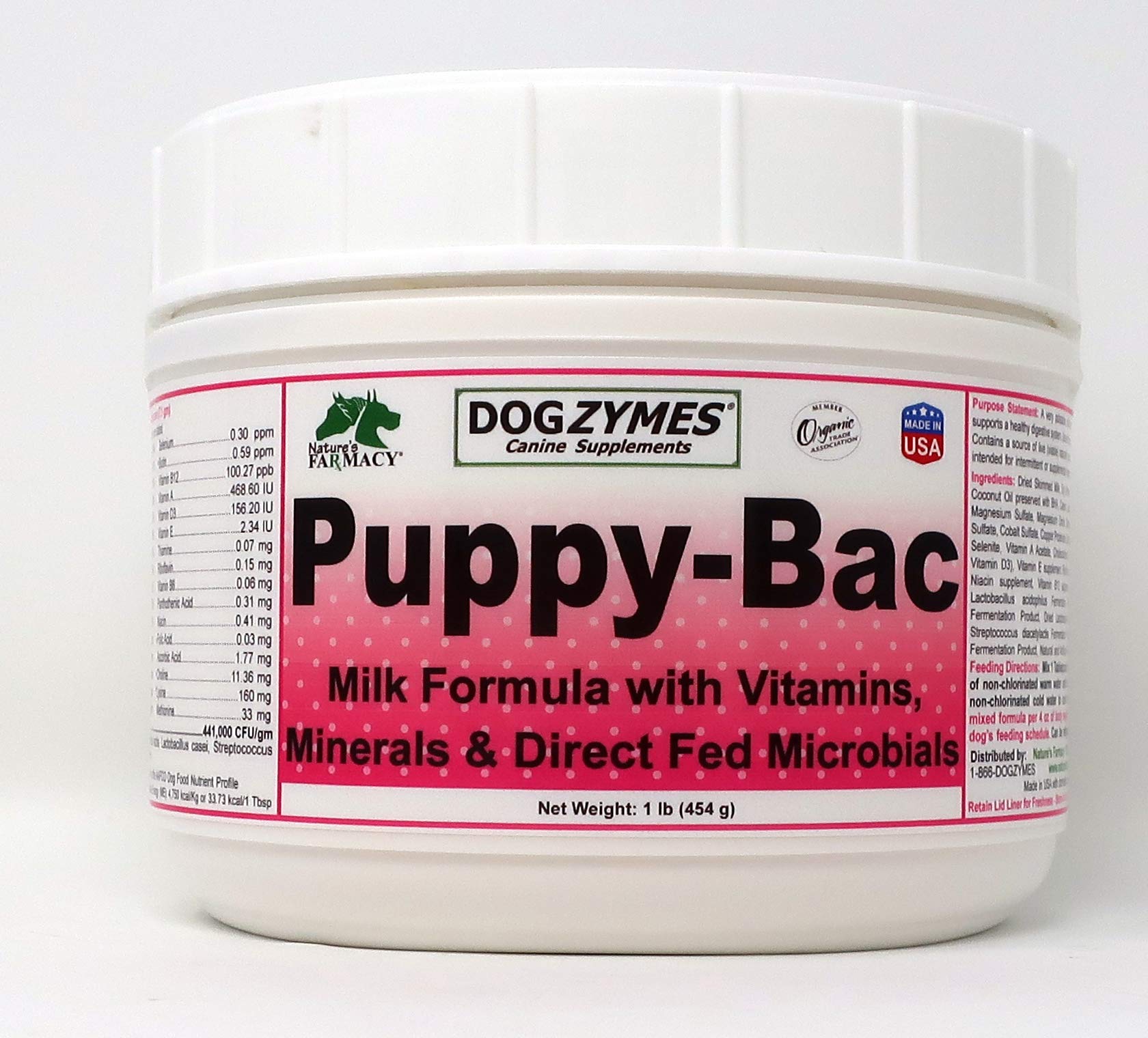 Dogzymes Puppy-Bac Milk Replacer bottle pour demonstrates easy feeding for growing puppies.