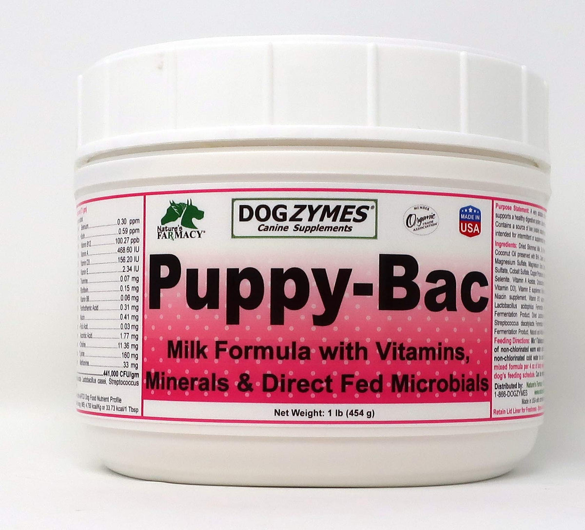 Dogzymes Puppy-Bac Milk Replacer bottle pour demonstrates easy feeding for growing puppies.