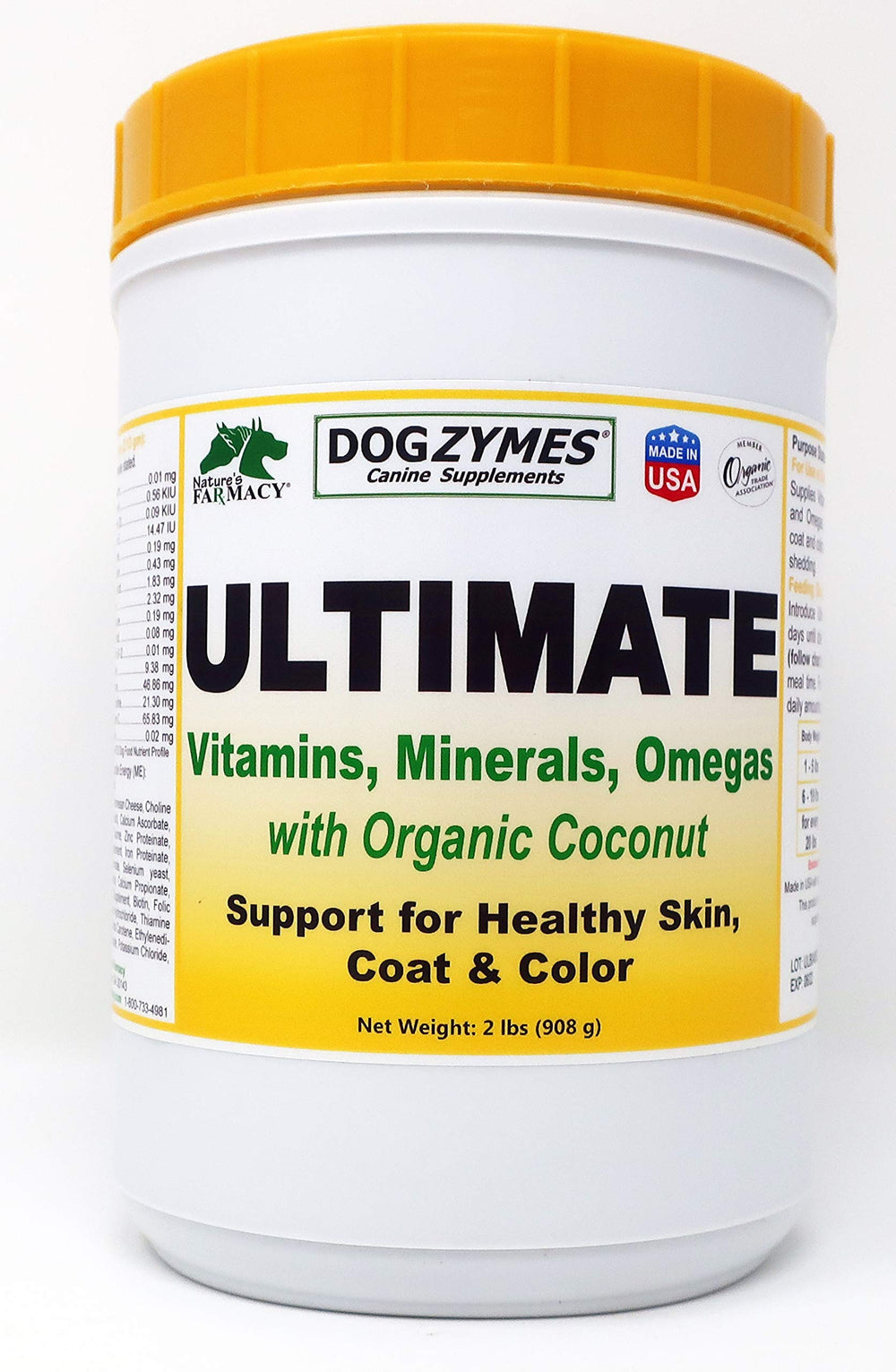 Dogzymes Ultimate Skin and Coat packaging with algal oil and organic coconut for easy dosing.