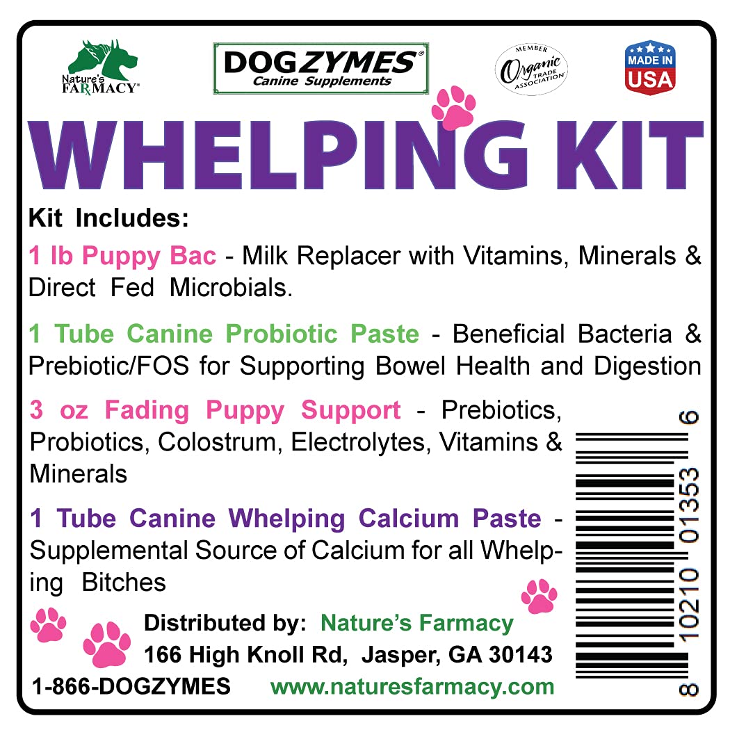 Dogzymes Whelping Kit puppy-bac milk replacer tub supports early nutrition and fading-puppy care.