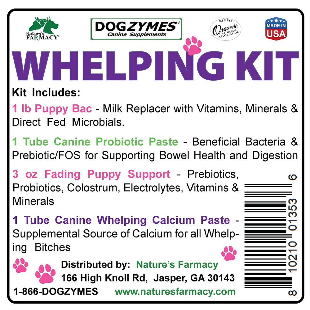 Dogzymes Whelping Kit puppy-bac milk replacer tub supports early nutrition and fading-puppy care.