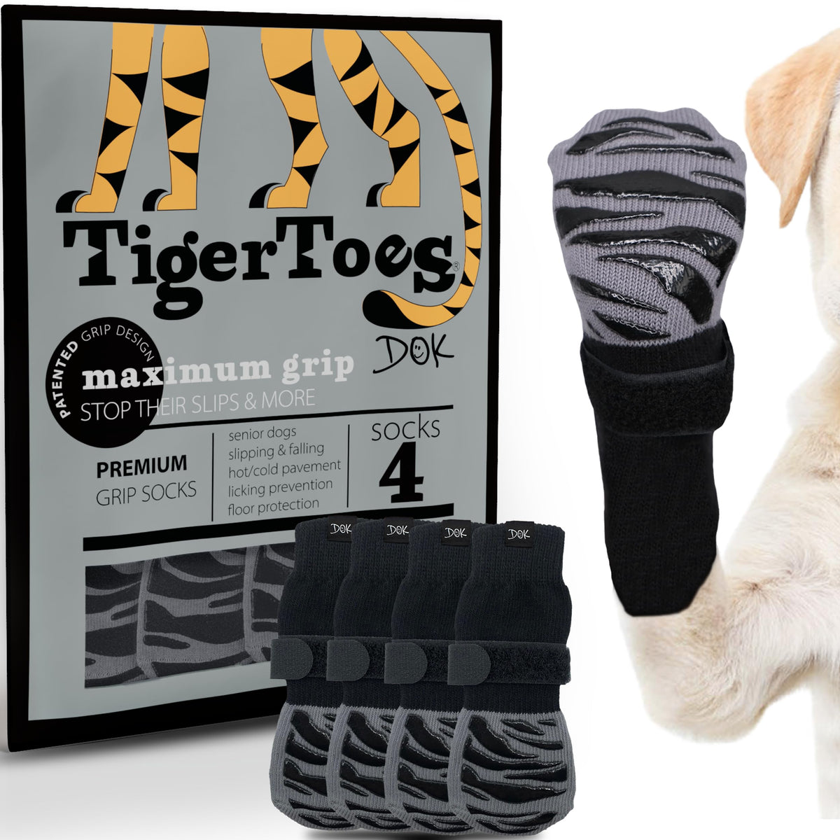 DOK TigerToes XXXL paw-coverage sock on a senior dog offering hardwood traction