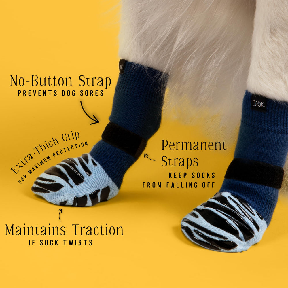 DOK TigerToes dog-wearing-blue-socks demonstrates secure fit and comfort during daily activities.