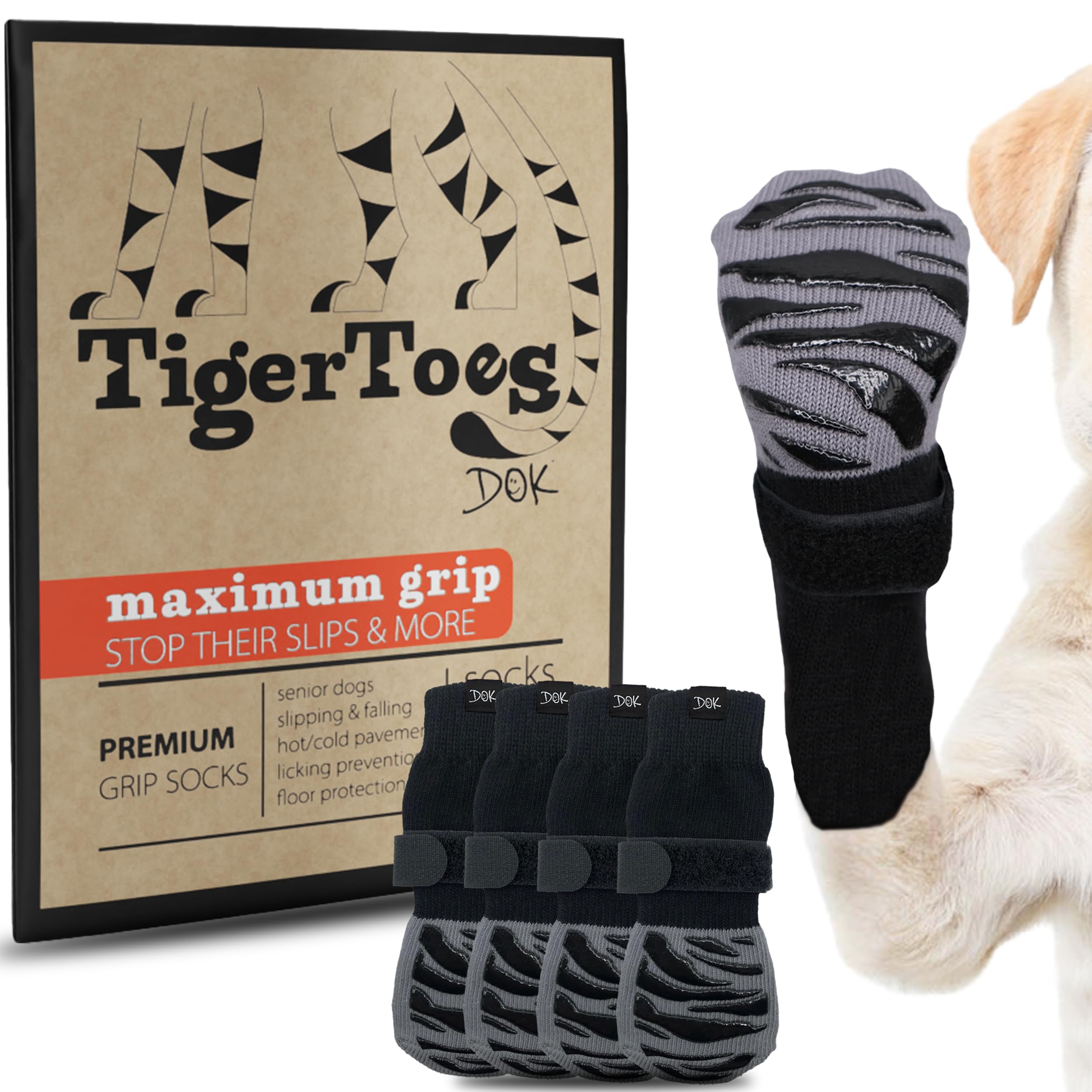 DOK TigerToes packaging displays four non-slip socks for hardwood protection.