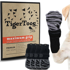 DOK TigerToes packaging displays four non-slip socks for hardwood protection.