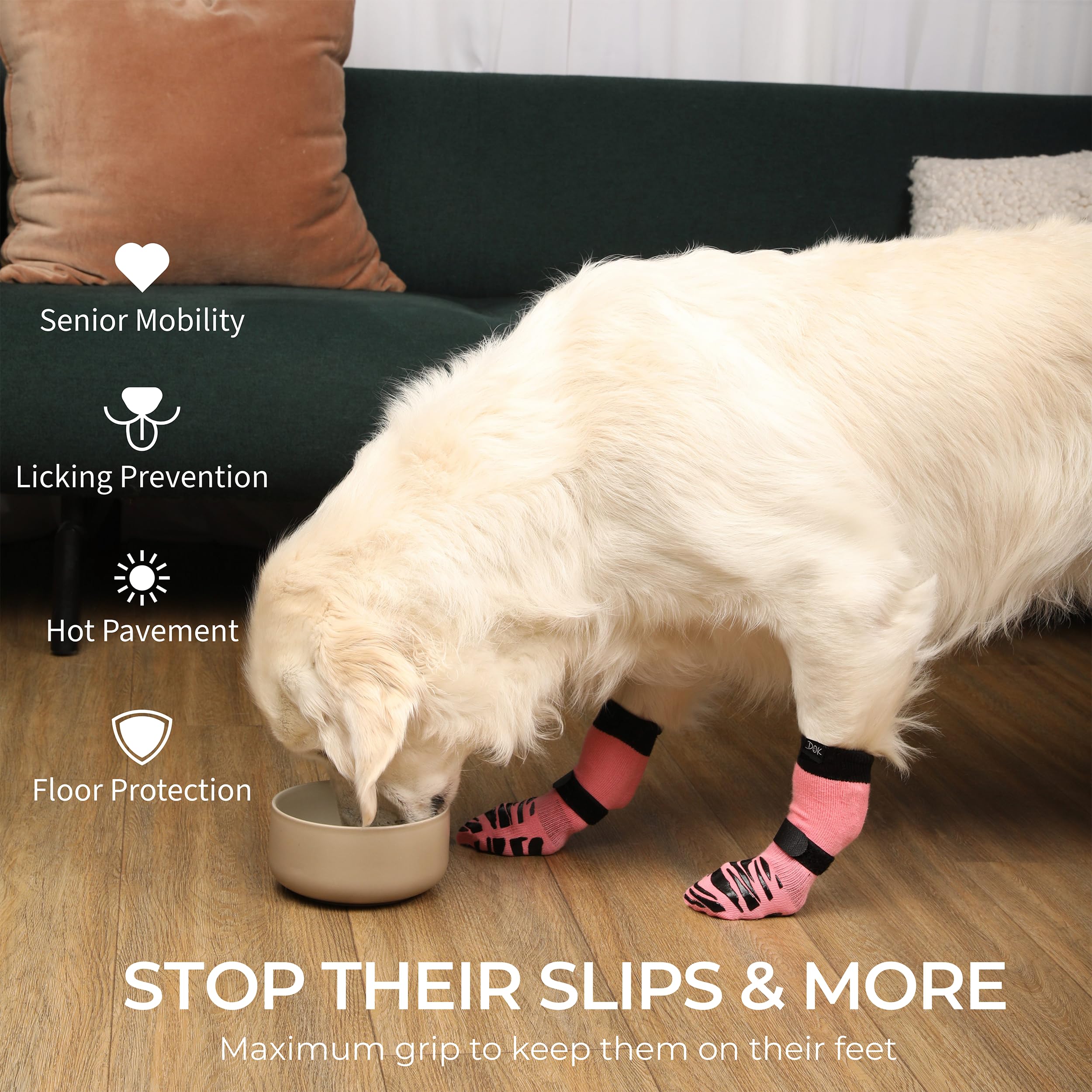 DOK TigerToes large pink side view highlights comfort fit for senior dogs indoors.