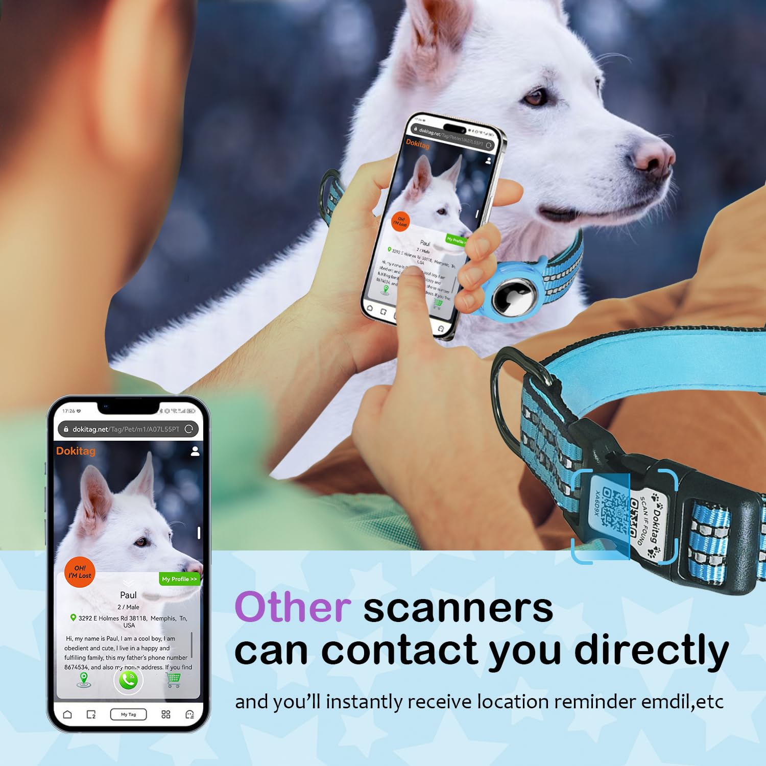 Dokitag collar safety feature image highlights secure closure during active play.