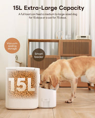 Dokoo 15L automatic dog feeder top-sealing lid shows airtight freshness preservation