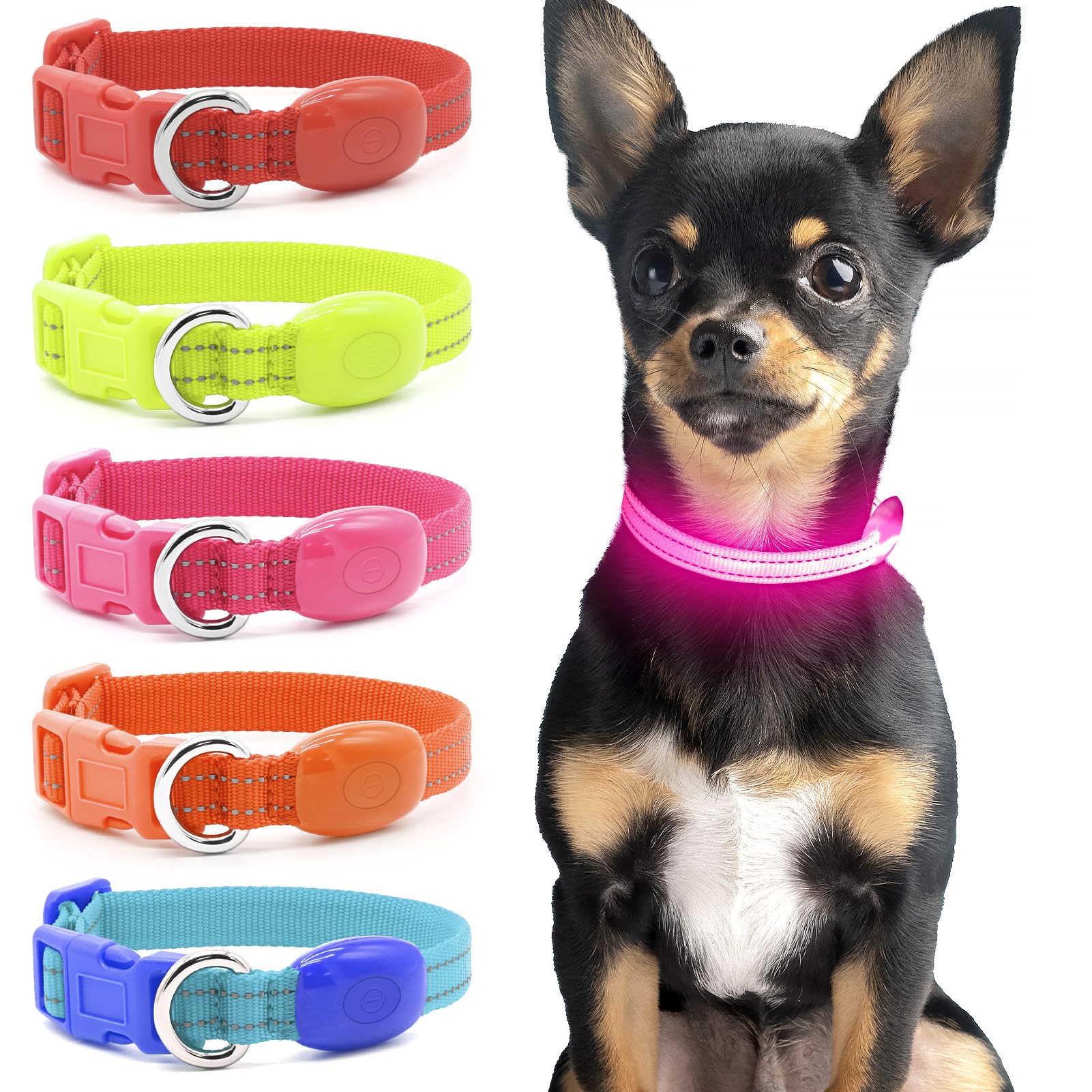 Domagiker light-up dog collar pink shines for nighttime visibility during walks.