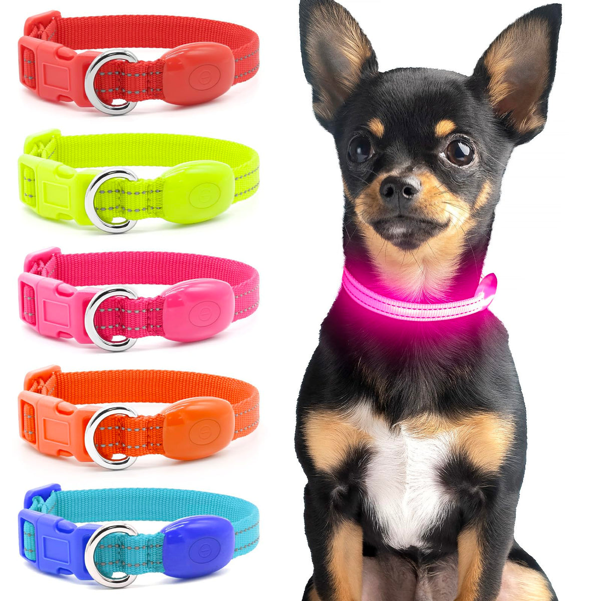Domagiker light-up dog collar pink shines for nighttime visibility during walks.