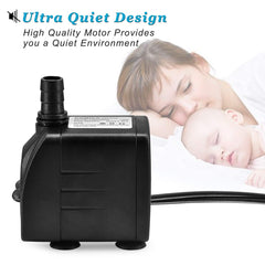 DOMICA 220GPH pump side view reveals slim profile for hidden fountain setups