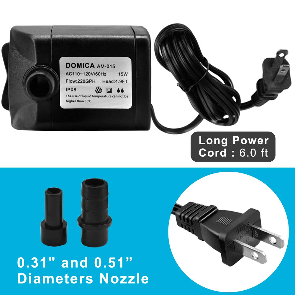 DOMICA 220GPH pump with suction cups shows stable placement for ponds and tanks