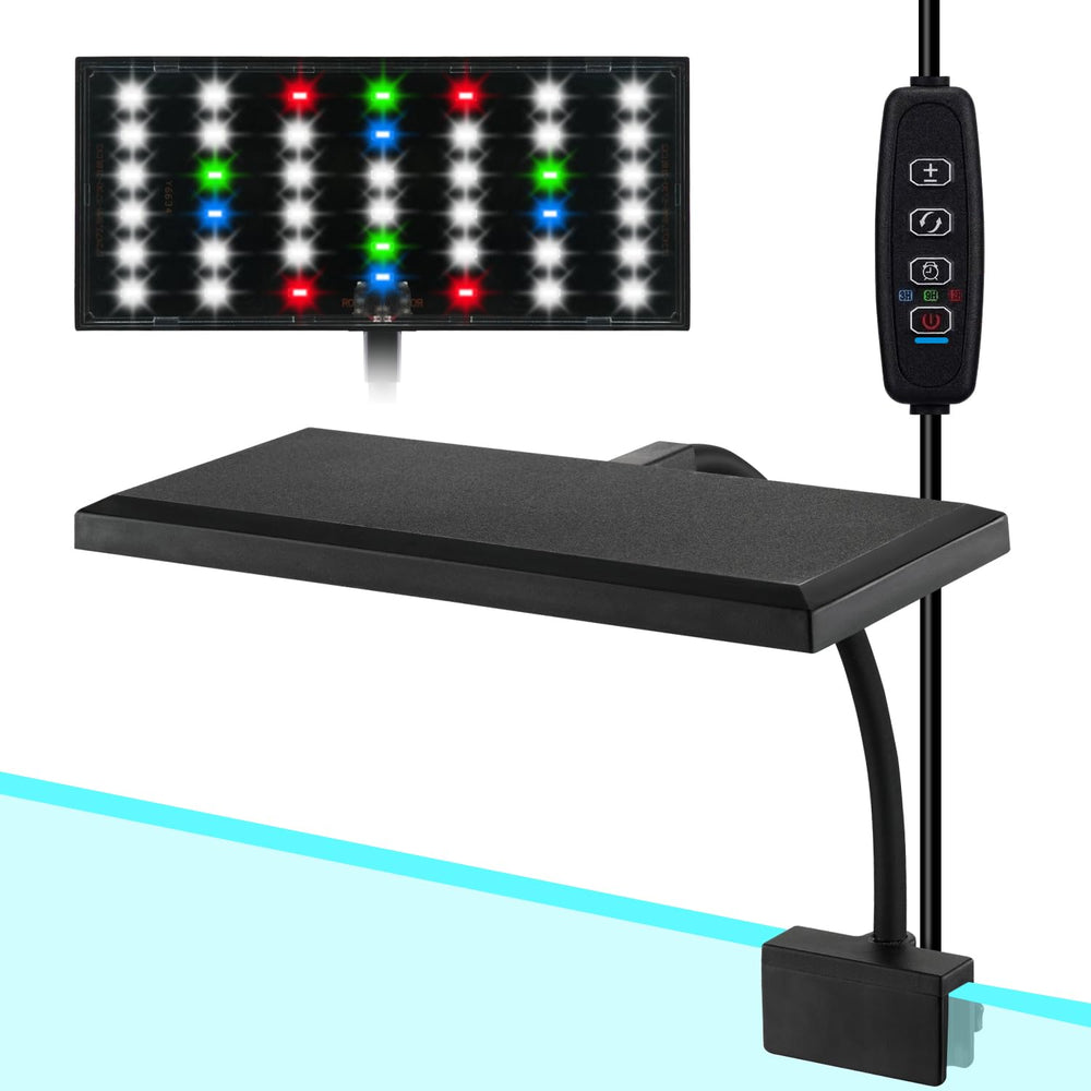 DOMICA clip-on aquarium light close-up shows adjustable brightness and full-spectrum LEDs.