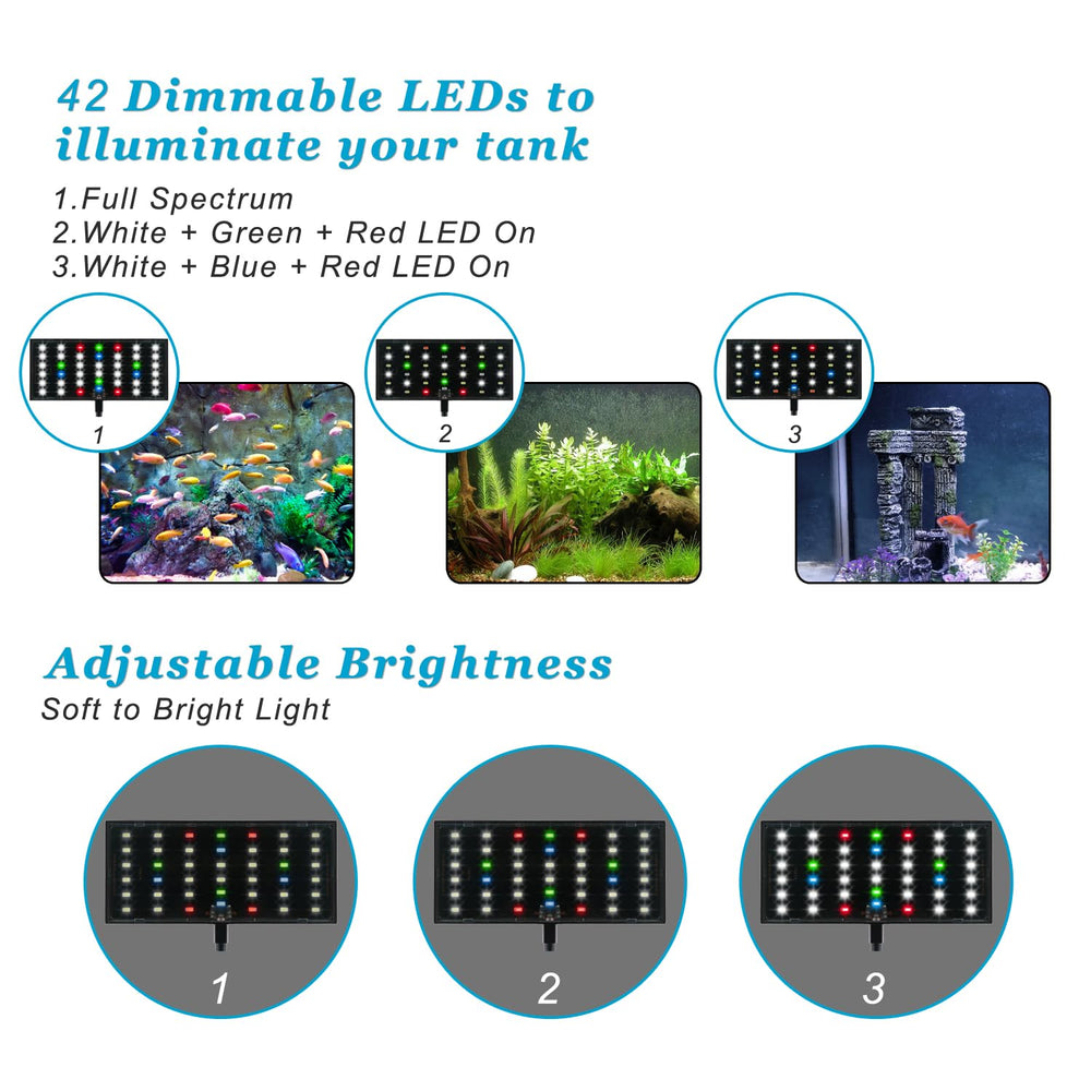 DOMICA aquarium light color modes image highlights vibrant fish colors.