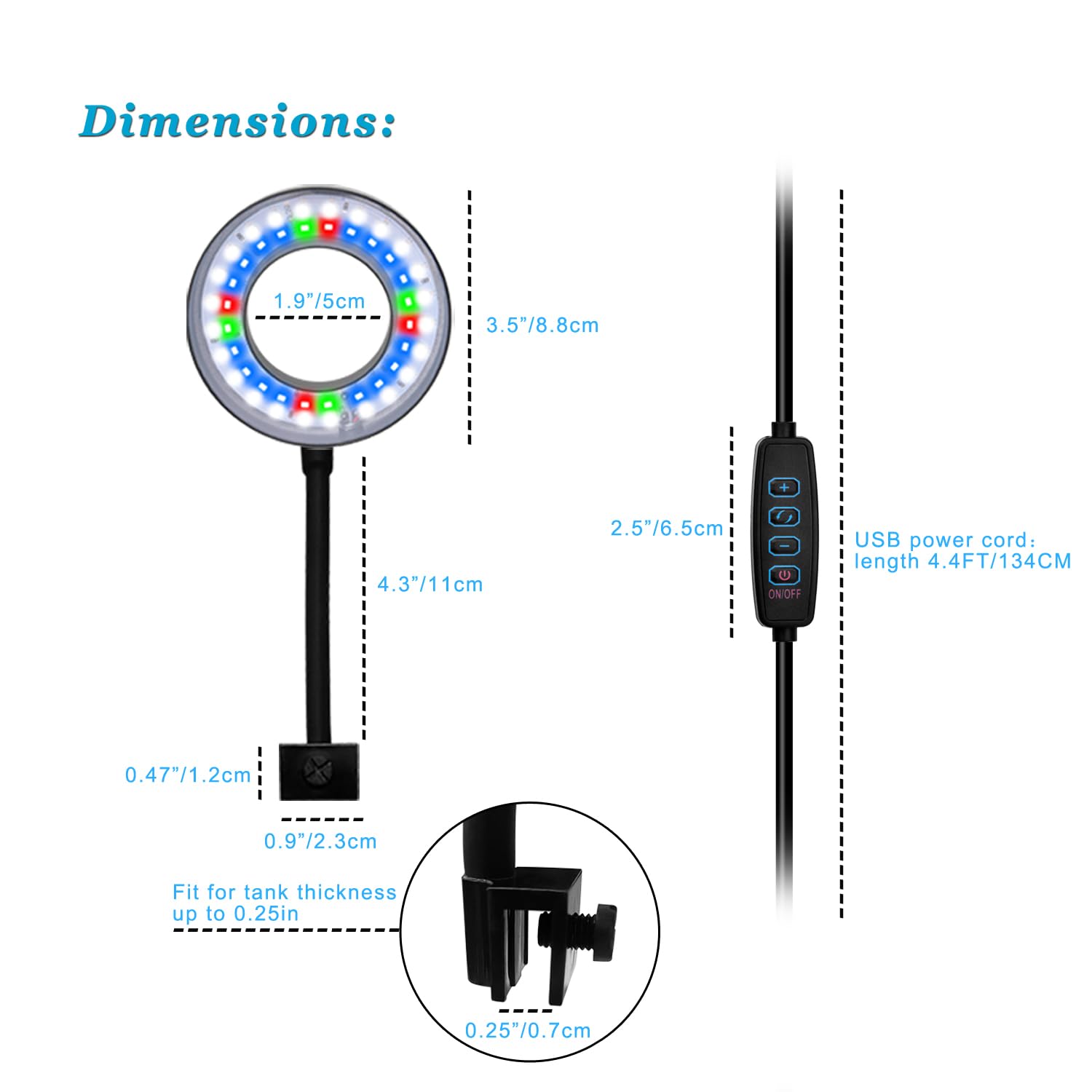 DOMICA clip-on aquarium light cord-length highlights 4.4 ft USB reach for placement.