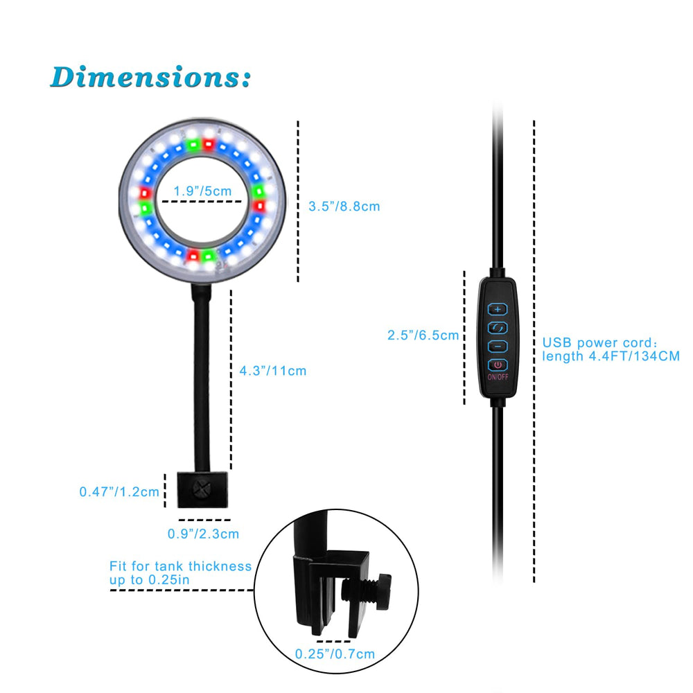 DOMICA clip-on aquarium light cord-length highlights 4.4 ft USB reach for placement.