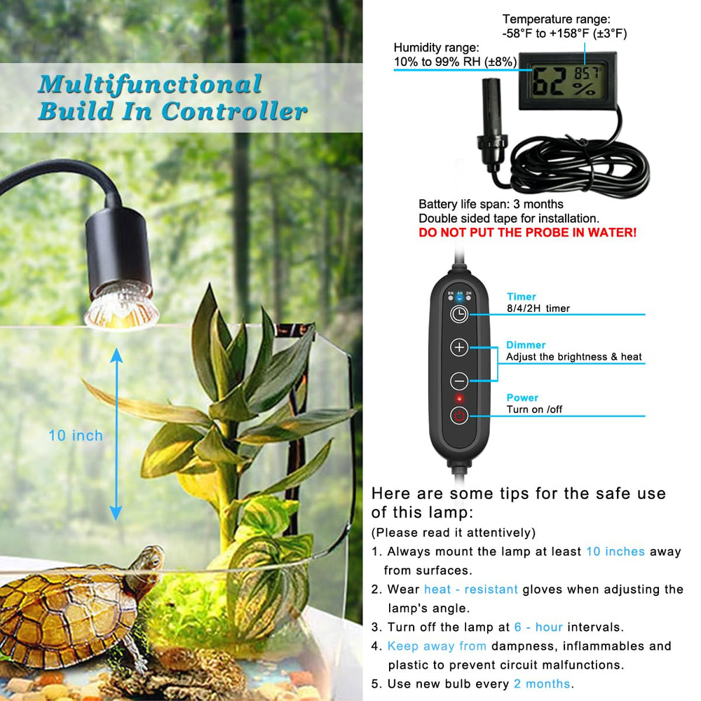 Domica lamp features 360-degree rotatable clip for customized basking spots.