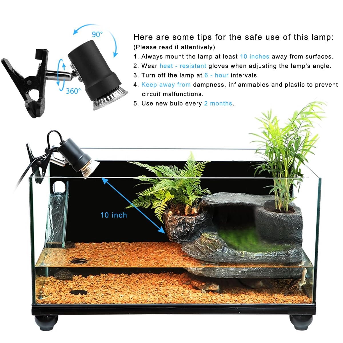 DOMICA heat lamp's rotatable clip enables customizing heat coverage for different reptiles.
