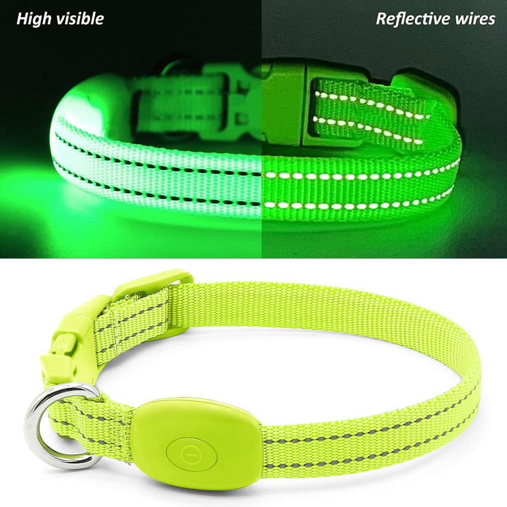 DOMIGLOW green LED visibility on collar shows high-contrast glow for safe night walks