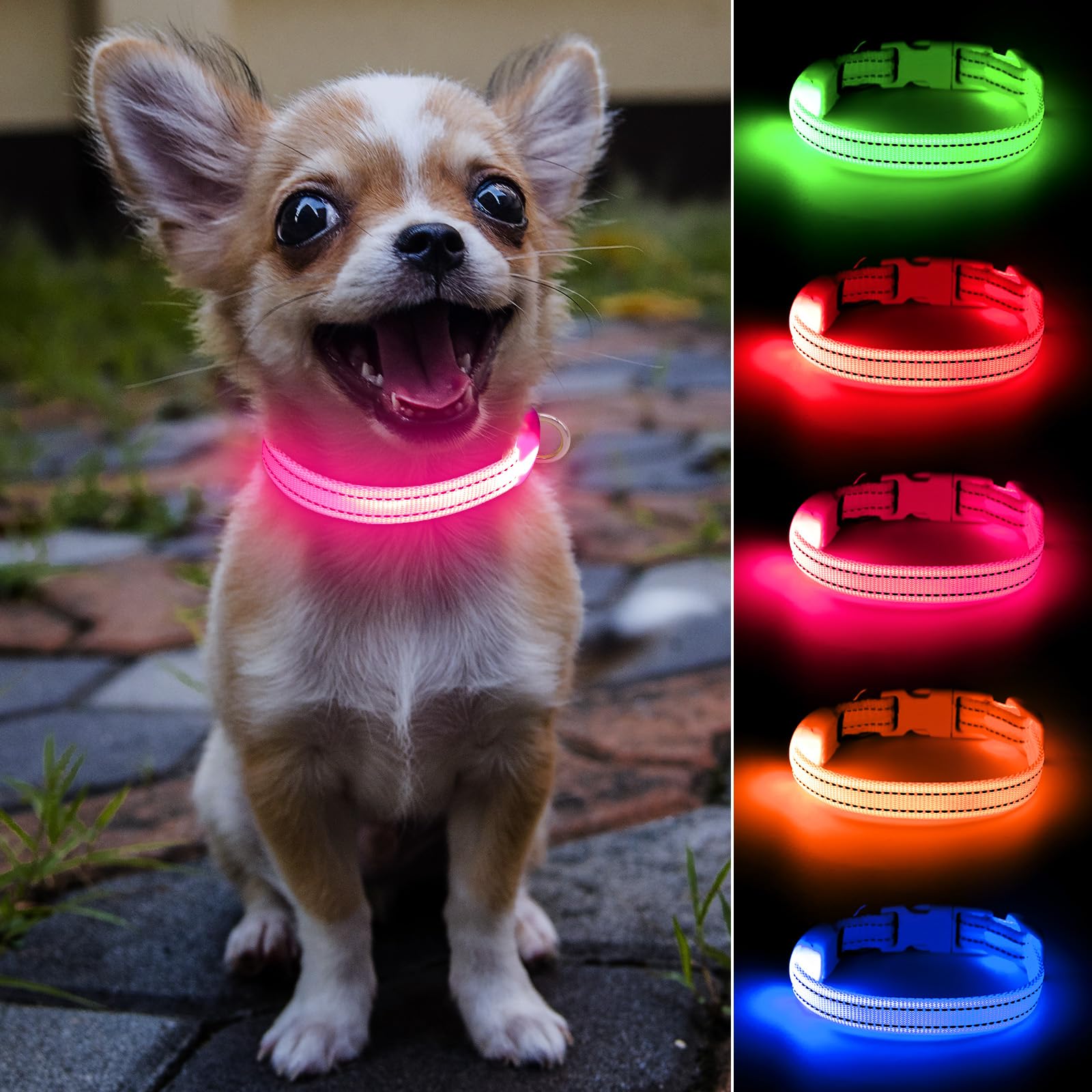 DOMIGLOW light up collar pink front view shows high visibility for safe evening walks