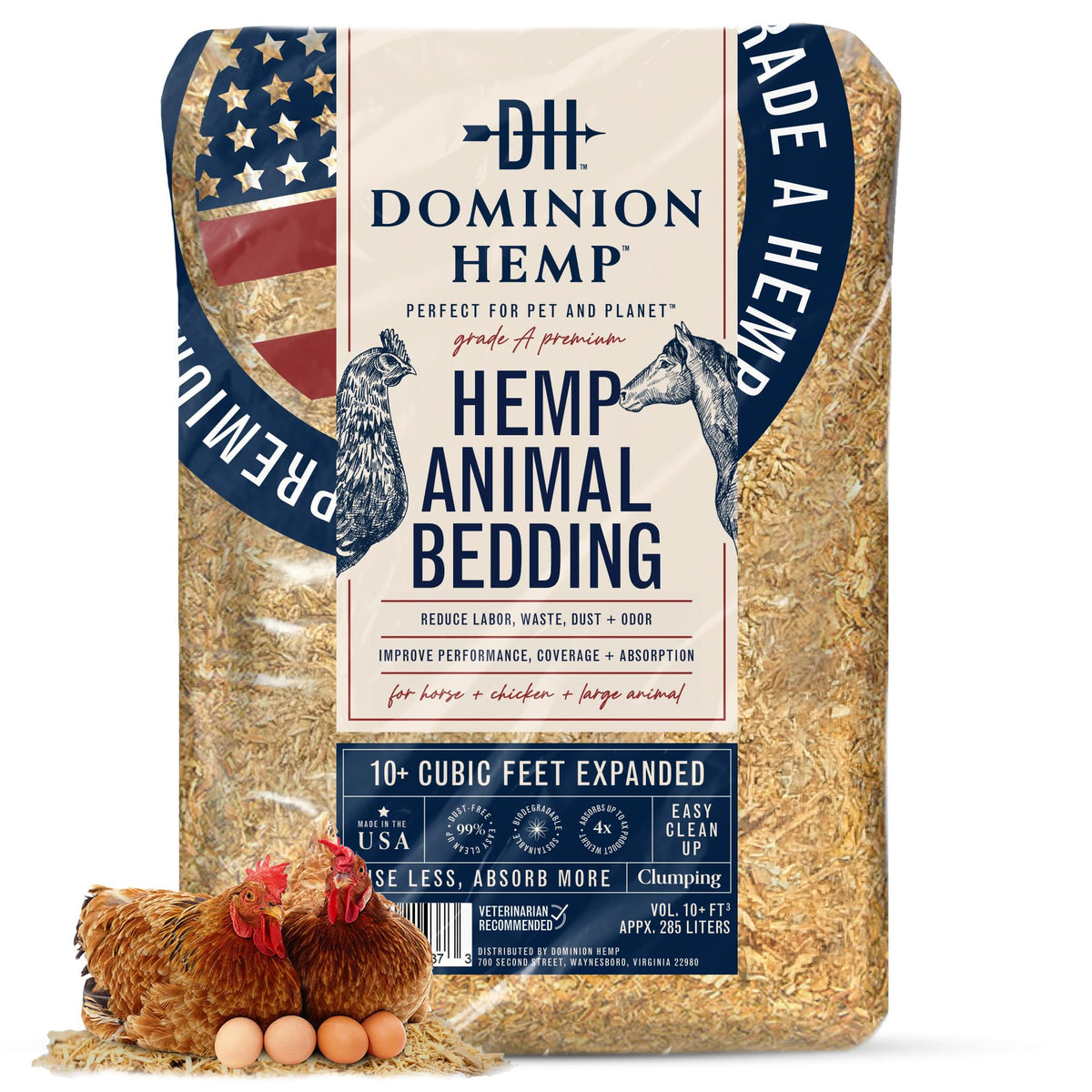 Dominion Hemp bedding bulk pack shown in coop setting to promote cleanliness and nesting comfort.