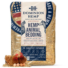 Dominion Hemp bedding bulk pack shown in coop setting to promote cleanliness and nesting comfort.