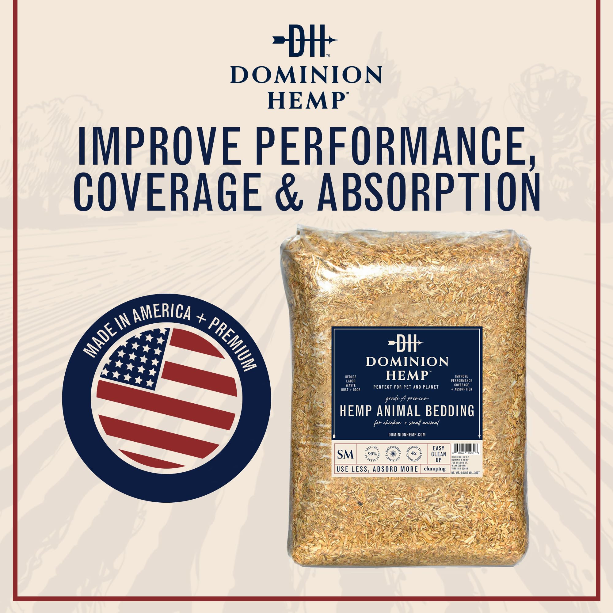 Dominion Hemp bedding packaging 1 pack shows a compact ready-to-use 2 cu ft option.