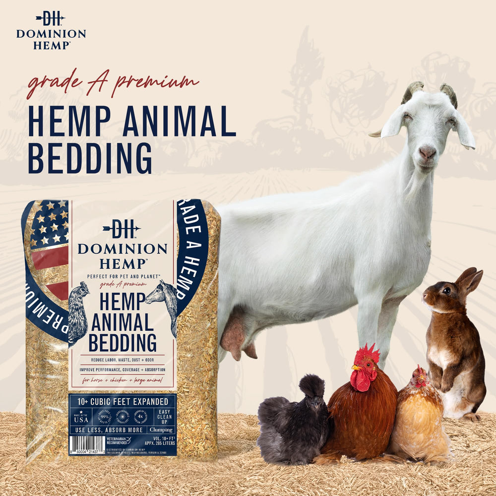 USA-grown Dominion Hemp bedding highlights natural processing and high absorbency for litter control.