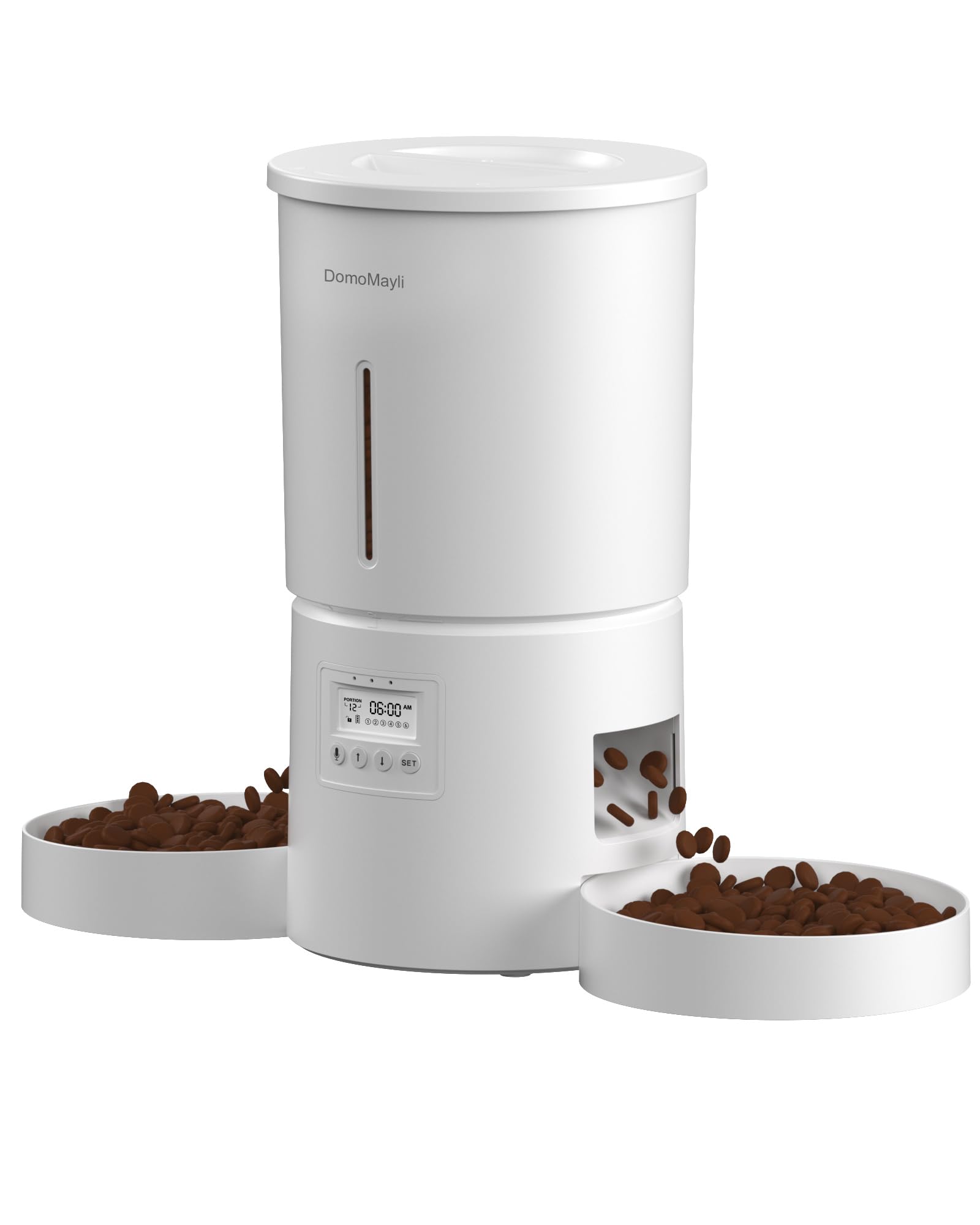 DomoMayli automatic cat feeder with dual bowls for two cats.