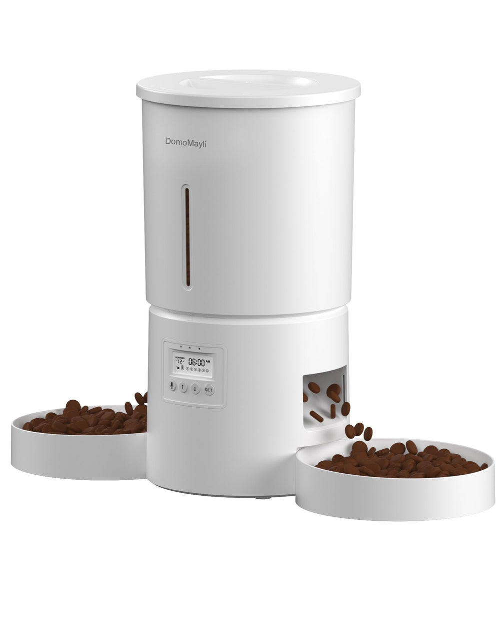 DomoMayli automatic cat feeder with dual bowls for two cats.